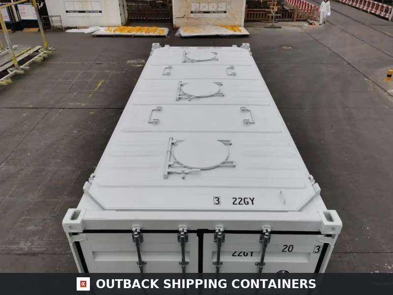 20ft top loading shipping container roof view showing three circular hatches for dry bulk storage loading