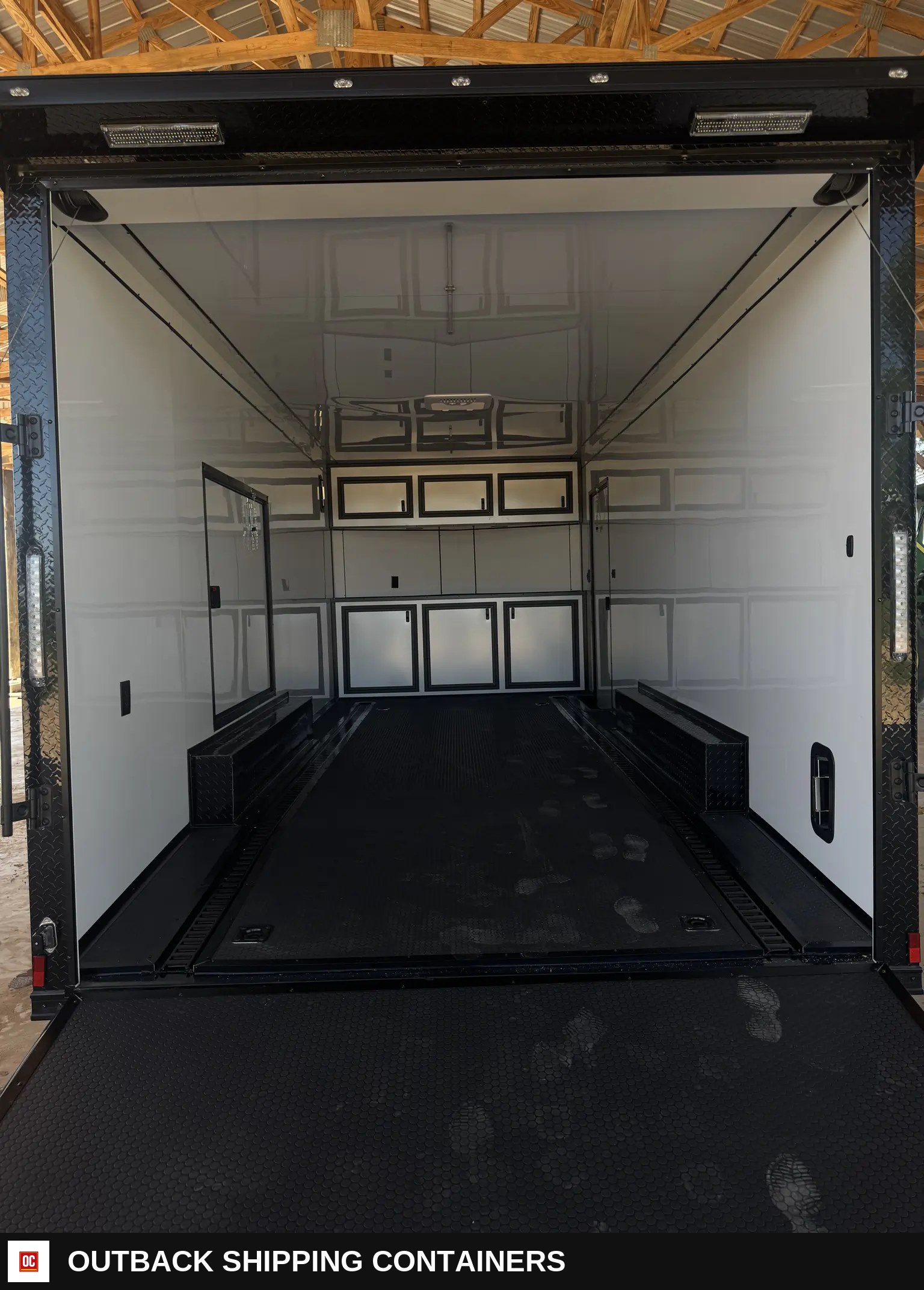 8.5x20TA2 Titanium Cargo Silver Blackout Race Trailer for Sale — Serving Window And Hatch | Outback Shipping Containers 8.5x20TA2 Titanium Cargo Silver Blackout Race Trailer for Sale for sale — serving window and hatch
