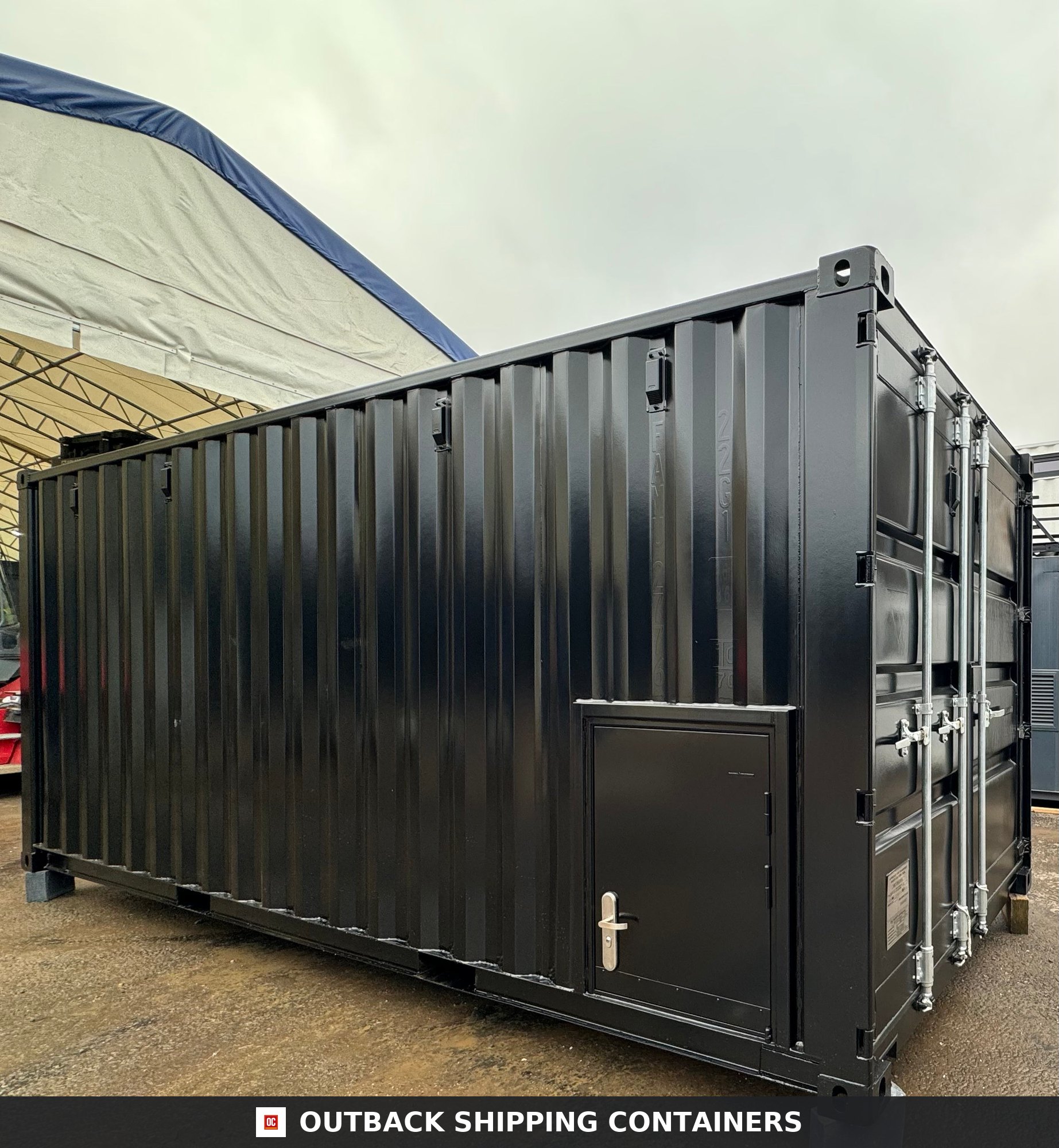 20x8ft CUSTOM Converted/Modified Shipping Container — Jet Black — Three-Quarter Angle View Jet Black 20x8ft custom container — angle 3