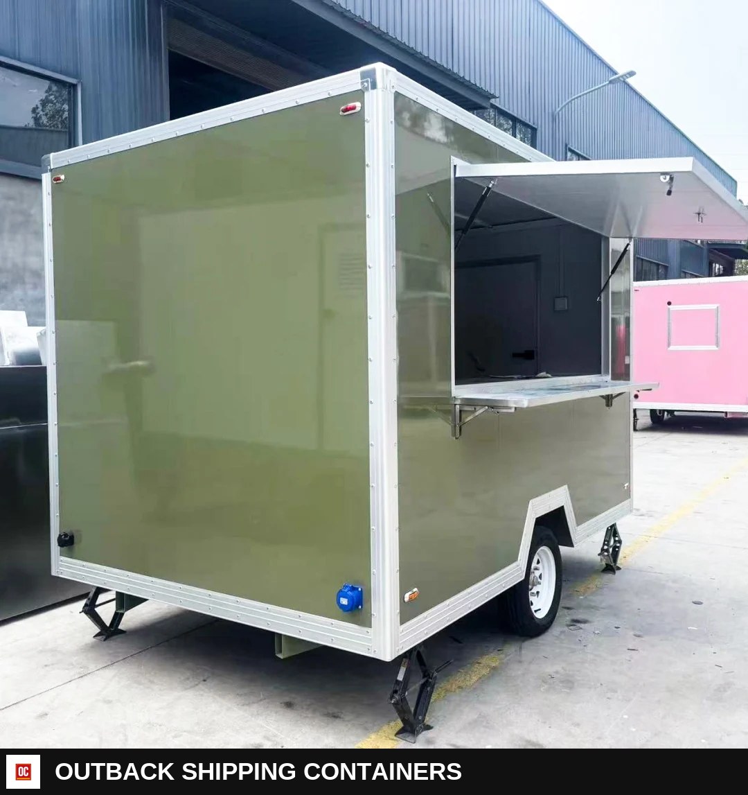 Olive Green Compact Food Trailer with Serving Window for Coffee — Three-Quarter Front Angle | Outback Shipping Containers Olive Green Compact Food Trailer with Serving Window for Coffee for sale — three-quarter front angle