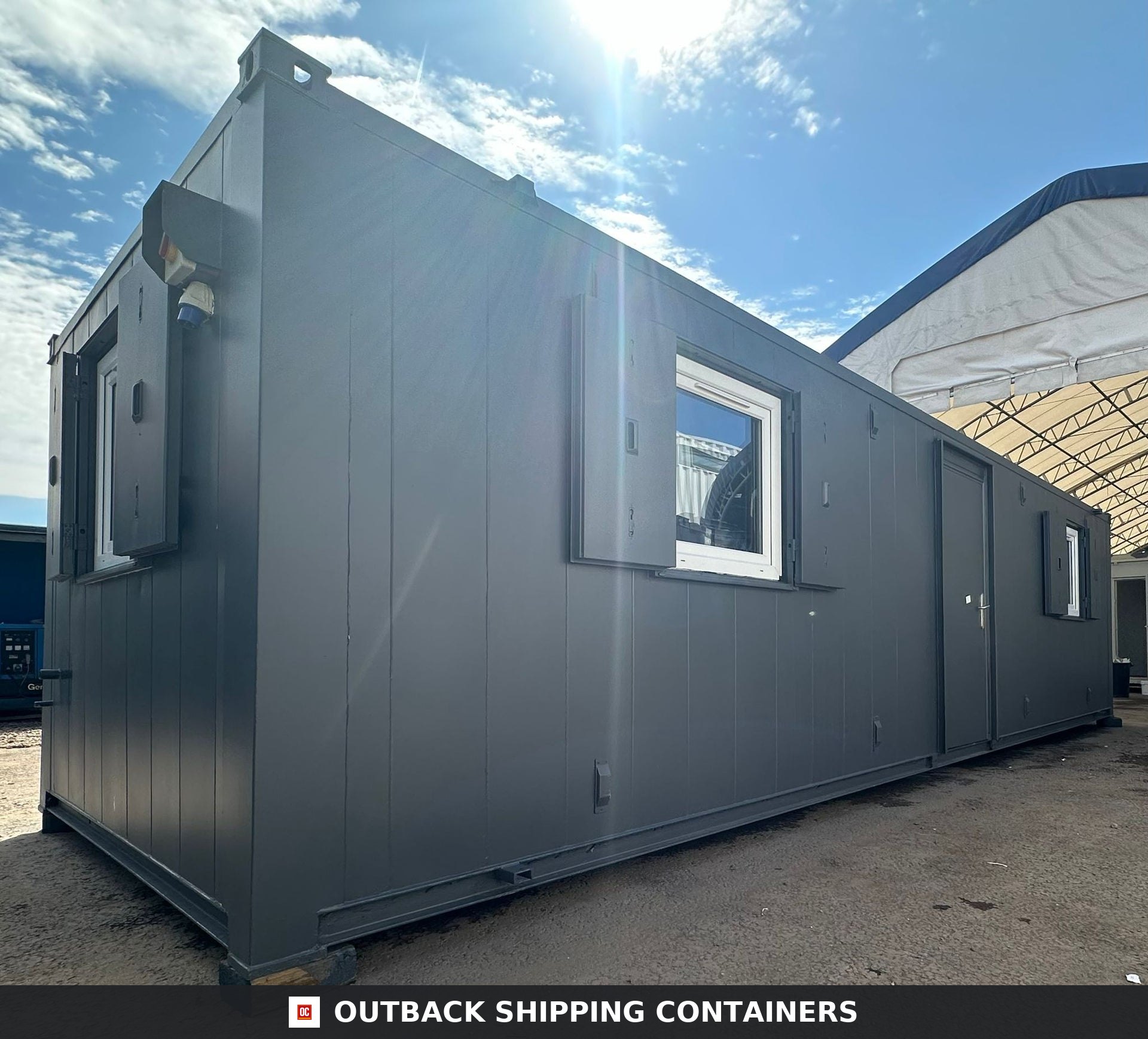 32x10ft Cabin for Sale — Three-Quarter Angle View | Outback Shipping Containers 2 32x10ft Cabin – Container Office / Canteen / Office – Anti-Vandal Cabin – Portable Building — 32x10FT — Refurbished (image 2 of 10)