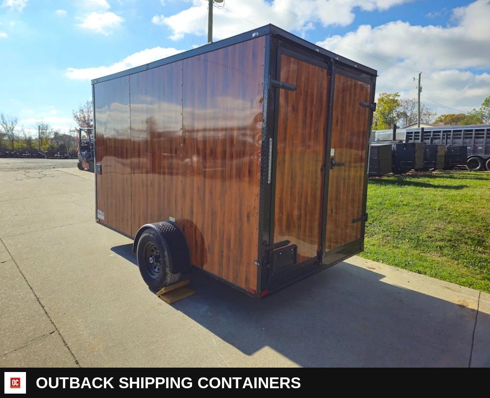 7 x 12 Wood Grain Concession Food Catering Vending Trailer — Stainless Prep And Counter Area | Outback Shipping Containers 7 x 12 Wood Grain Concession Food Catering Vending Trailer for sale — stainless prep and counter area