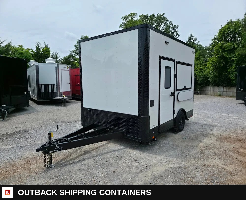 8.5 x 12 White Flat Front Concession Trailer — Blackout Trim, 8-Foot Interior — Driver-Side Profile | Outback Shipping Containers 8.5 x 12 White Flat Front Concession Trailer — Blackout Trim, 8-Foot Interior for sale — driver-side profile