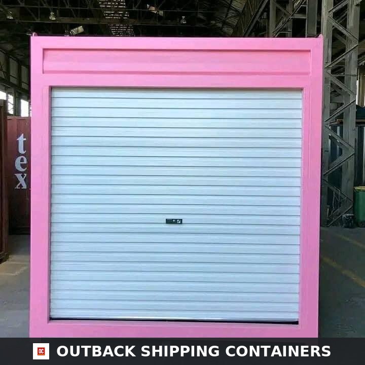 10 ft Pink Container with Roll‑Up Door 10ft — Rear Exterior View | Outback Shipping Containers 10ft pink shipping container with white roll-up door inside an industrial warehouse facility