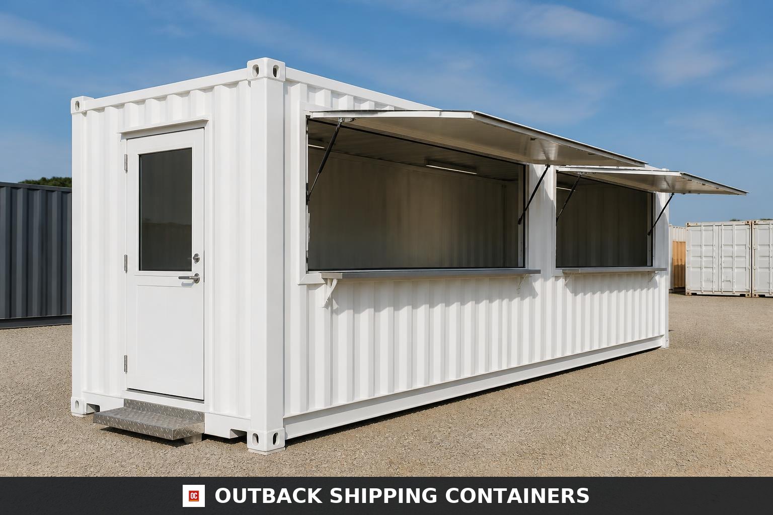 Outback Vendor 20ft Concession & Retail Kiosk Container for Sale — Side Profile View Three-quarter view of the white 20ft Outback Vendor concession container showing its full ISO length