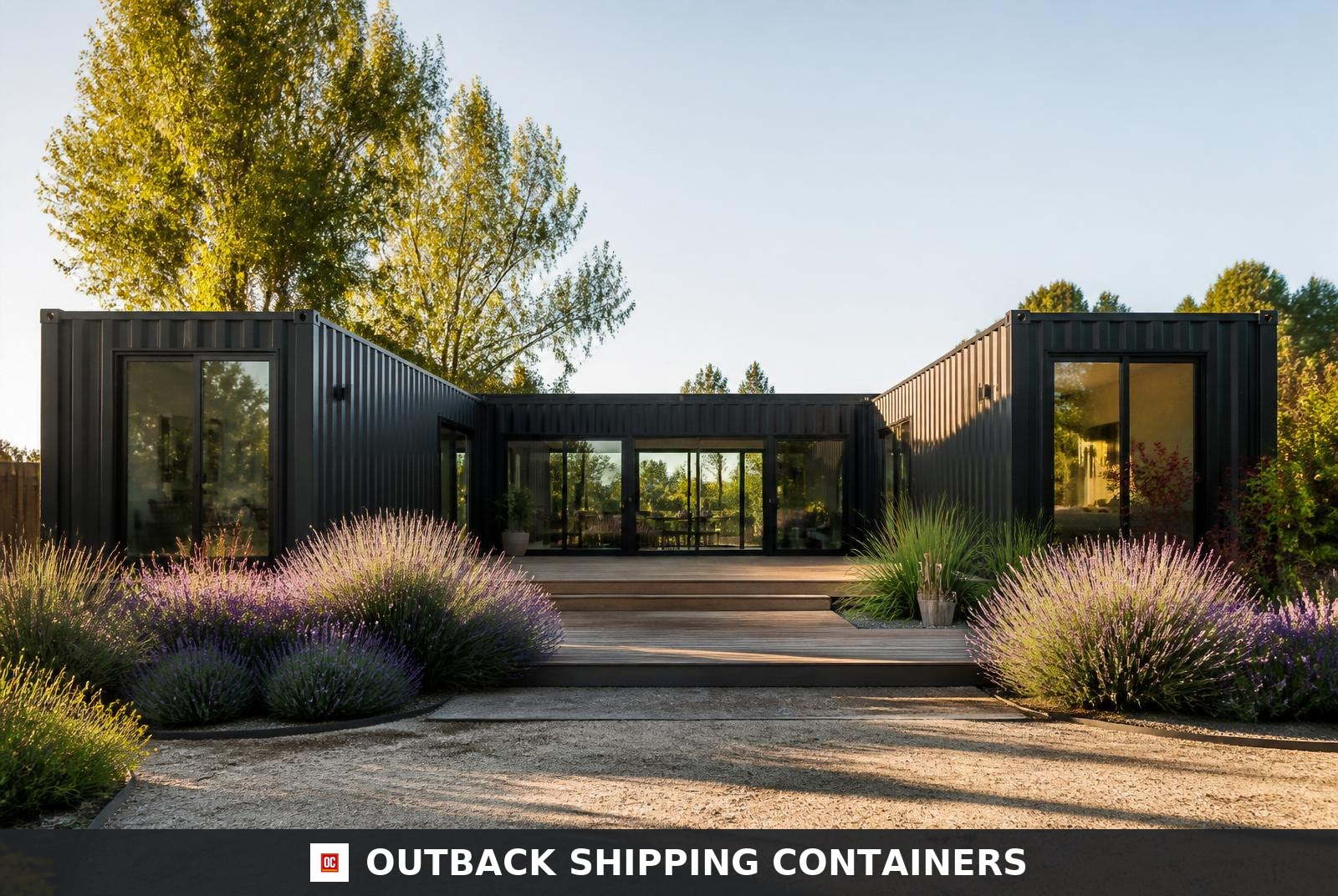 Trinity U-shape container home — front elevation with matte-black corrugated steel and lavender landscaping