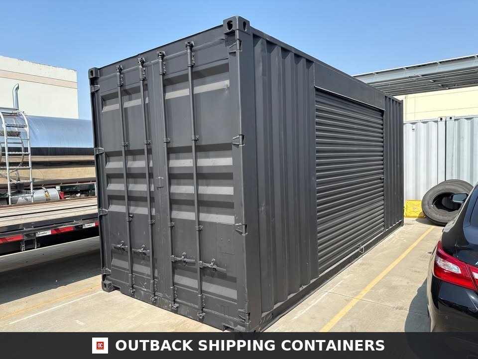 20ft Used Shipping Container for Sale — Side Profile View | Outback Shipping Containers 2 3 15 20ft Used Shipping Container – Matte Black w/ 12 Side Roll-Up Door — Outback Shipping Containers storage container