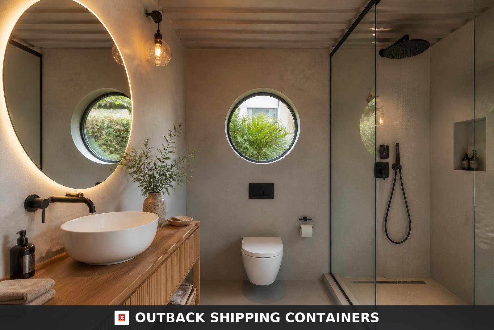 Trinity U-shape container home — spa bathroom with walk-in glass shower, backlit round mirror and matte-black fixtures
