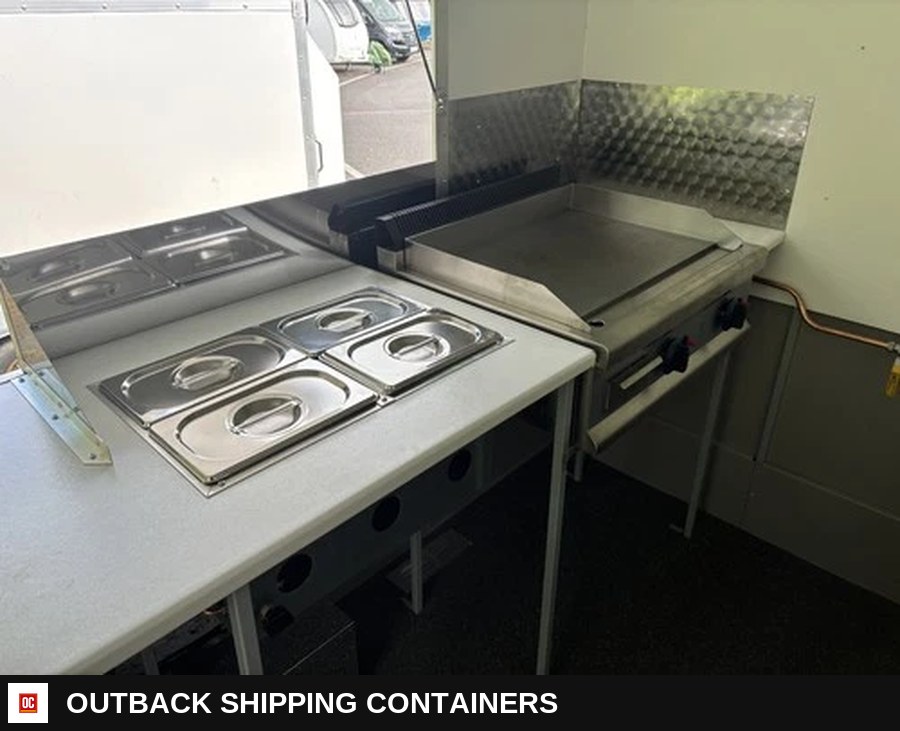 Brand NEW Catering Trailer Burger VAN FOOD Trailer + Brand NEW Equipment — Stainless Prep And Counter Area | Outback Shipping Containers Brand NEW Catering Trailer Burger VAN FOOD Trailer + Brand NEW Equipment for sale — stainless prep and counter area