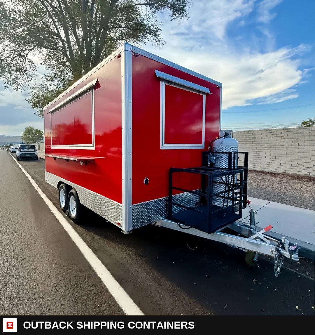 Bright Red Square Food Trailer - High Visibility Mobile Kitchen (Dual Axle) — Equipment And Appliance Detail | Outback Shipping Containers Bright Red Square Food Trailer - High Visibility Mobile Kitchen (Dual Axle) for sale — equipment and appliance detail
