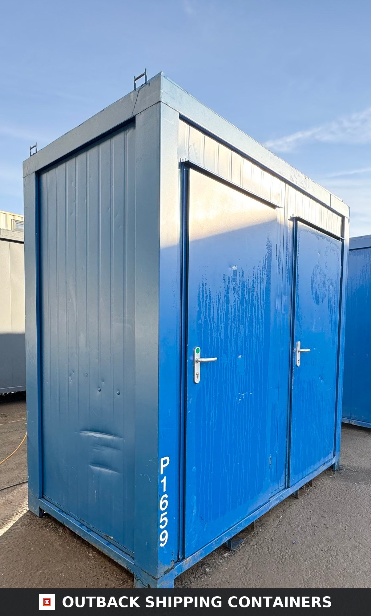 Double Toilet Blocks for Sale — Rear Exterior View | Outback Shipping Containers 2 Double Toilet Blocks — Male Female WC — 8x5 Ft — Unrefurbished Portable Toilet Block 1+1 Toilet Blocks — Blue - image 3
