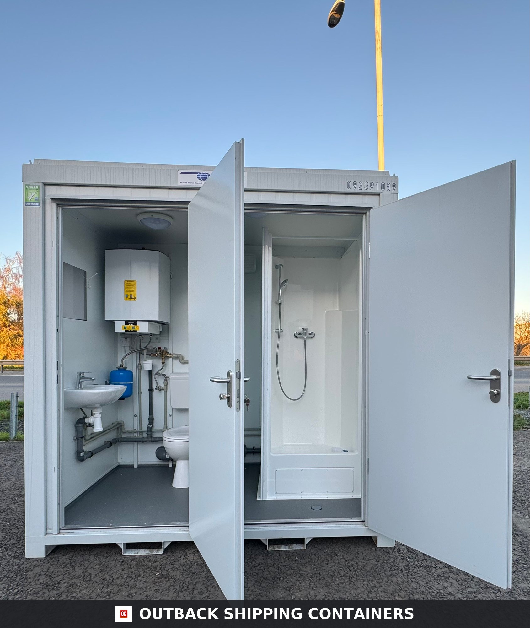 NEW 1 Toilet & 1 Shower Block for Sale — Side Profile View | Outback Shipping Containers NEW 1 Toilet & 1 Shower Block — 8 x 5 ft — Portable Containex — Grey — No 855 — primary exterior image 1 of 10