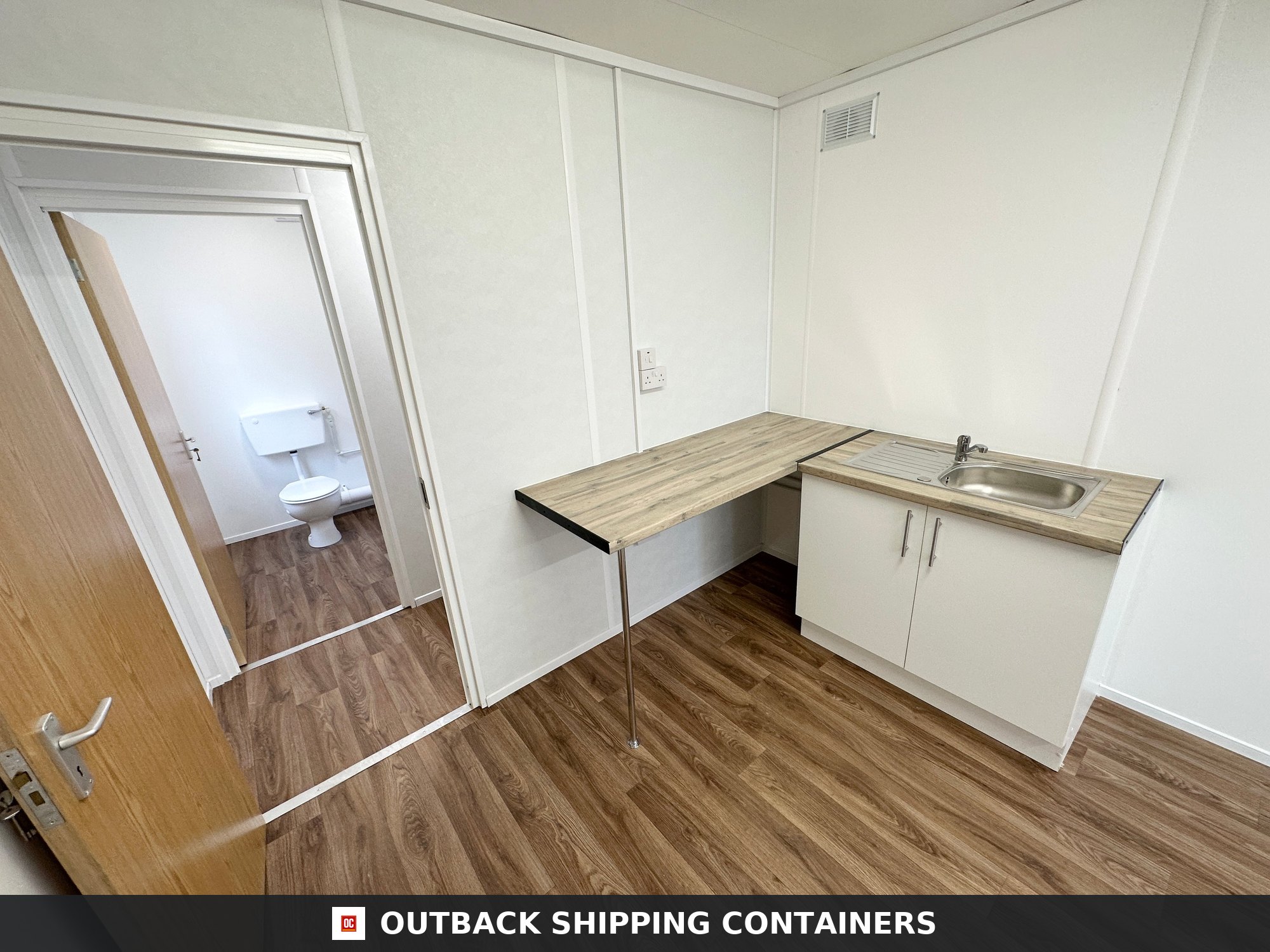 CUSTOM for Sale — Door and Entry Detail | Outback Shipping Containers CUSTOM — 32 x 10 ft Cabin — Office/Canteen — Kitchenette — 1+1 WC/Wash Room — No 718 — product gallery image 6 of 25
