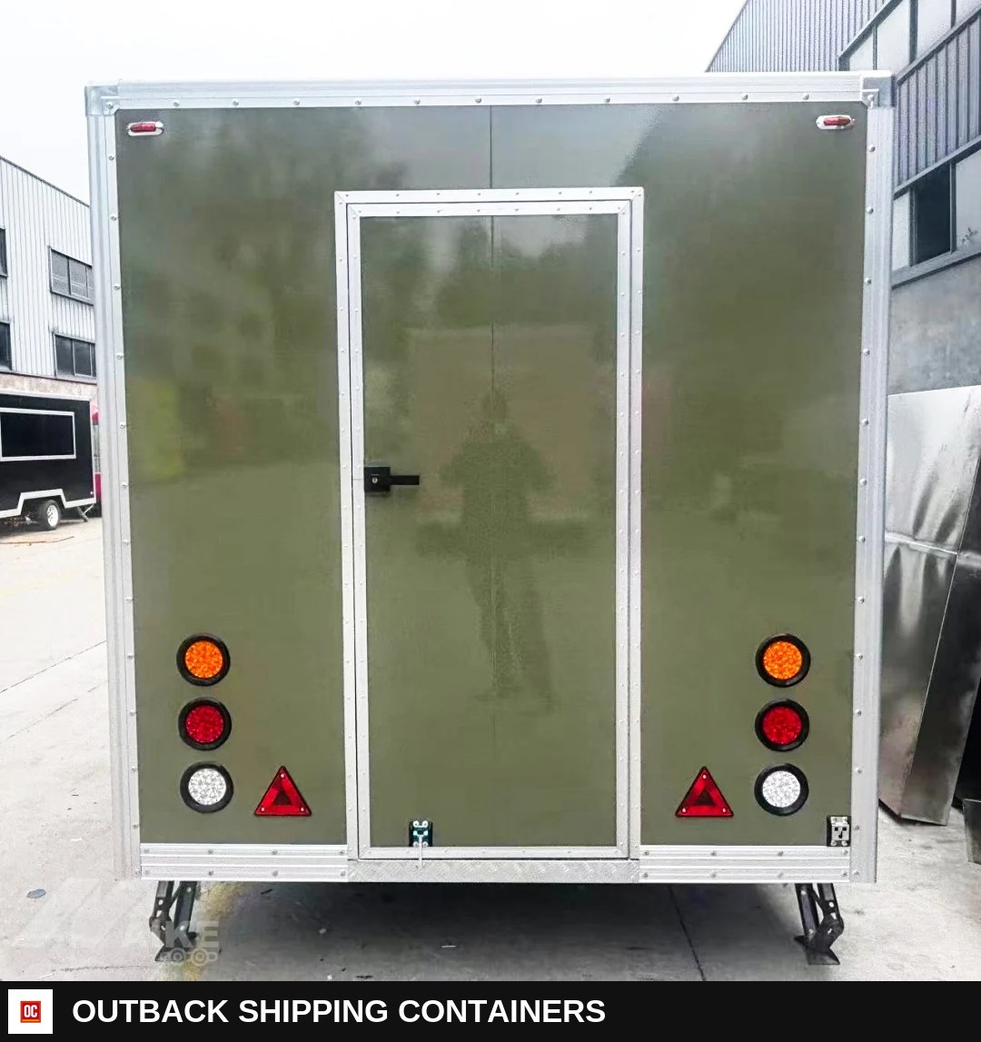 Olive Green Compact Food Trailer with Serving Window for Coffee — Serving Window And Hatch | Outback Shipping Containers Olive Green Compact Food Trailer with Serving Window for Coffee for sale — serving window and hatch