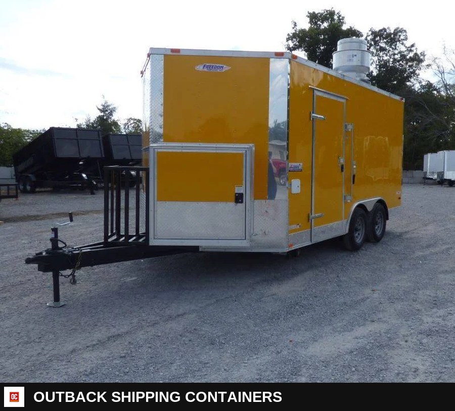 8.5 x 14 Yellow Food Vending Event Catering Trailer — Three-Quarter Front Angle | Outback Shipping Containers 8.5 x 14 Yellow Food Vending Event Catering Trailer for sale — three-quarter front angle