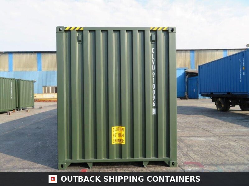 40 Ft New Shipping Containers Ready To Ship 40ft for Sale — Three-Quarter Angle View 40ft new shipping container olive green corrugated steel end wall with caution high stickers and white serial numbers