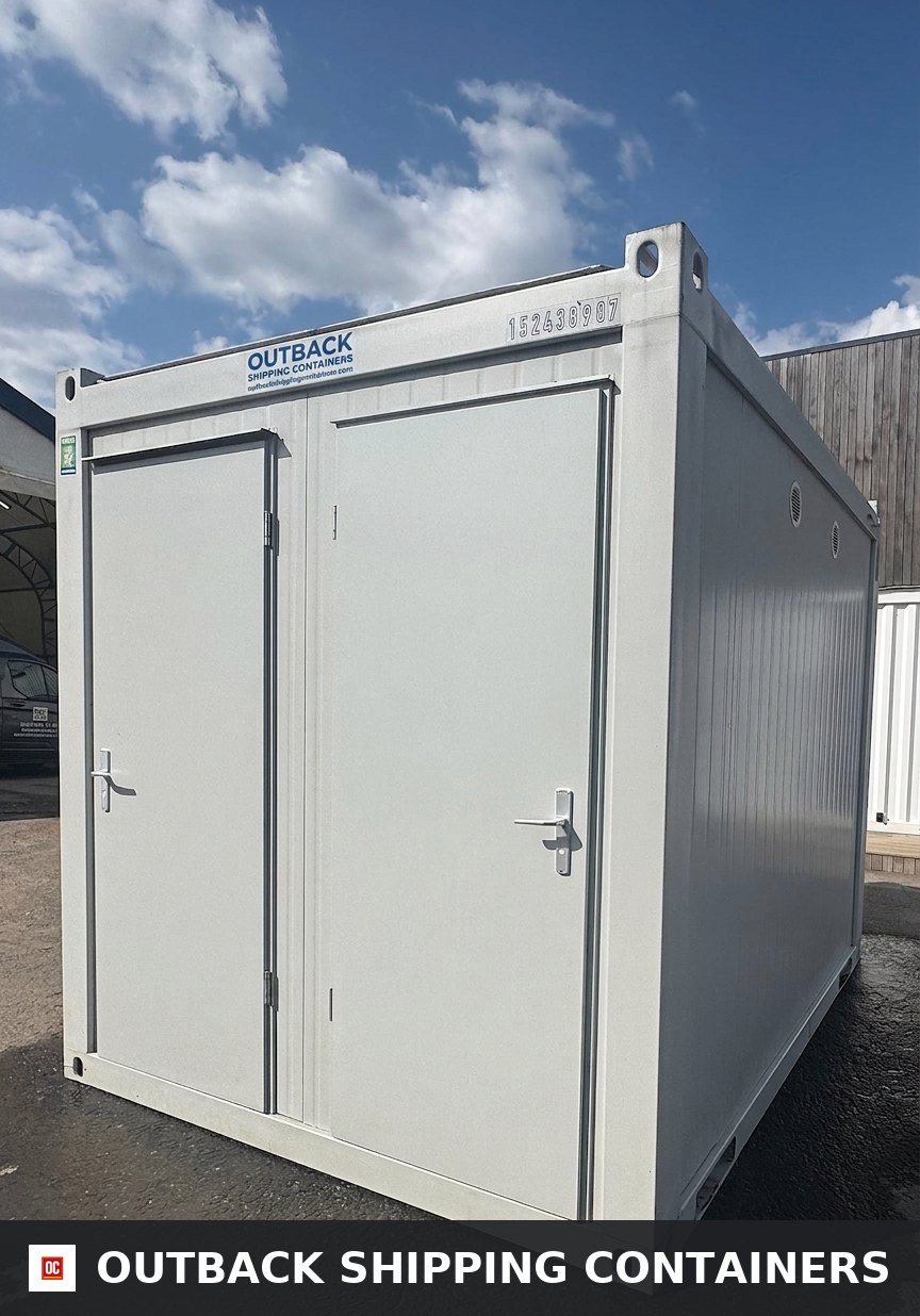 4 Bay Toilet Block for Sale — Side Profile View | Outback Shipping Containers 4 Bay Toilet Block — 4 WCs — 10 x 8 ft NEW Portable — 4 Toilets, 4 Basins — Grey — No 795 — primary exterior image 1 of 14