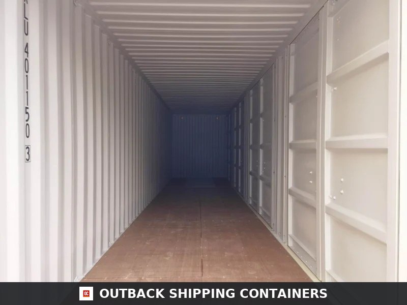 40ft HC Open Side Container with 4 Doors — Rear Exterior View | Outback Shipping Containers Interior view of a 40ft high cube open side container showing white corrugated walls and plywood flooring