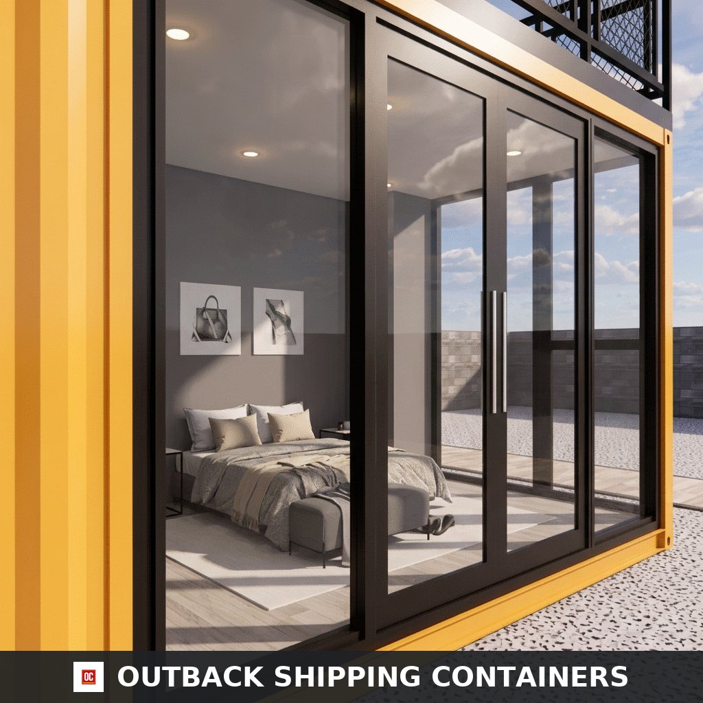 Interior bedroom viewed through the black-framed glass sliding doors