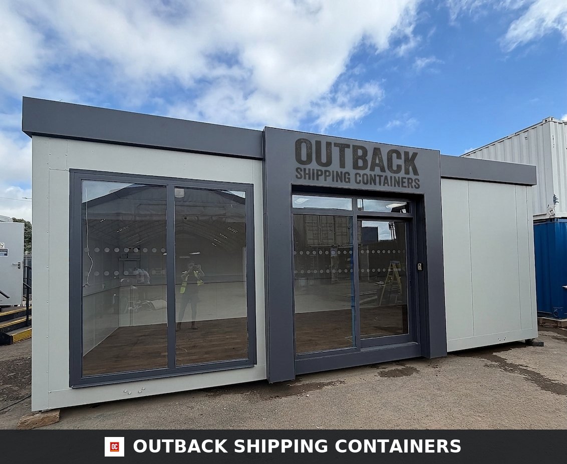 26x12ft for Sale — Roof and Structural Detail | Outback Shipping Containers Refurbished 26x12ft portable marketing suite featuring large glass sliding doors and grey paneling under a blue sky