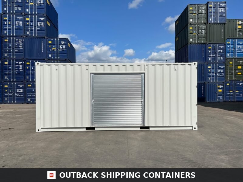 20ft custom shipping container in light grey with a metal roller shutter door installed on the side panel