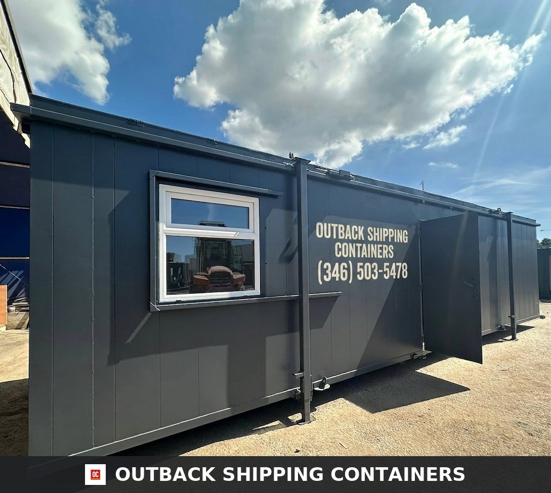 32 x 10Ft 32x10FT for Sale — Side Profile View | Outback Shipping Containers Refurbished 32ft dark gray canteen office cabin and toilet block structure with a white window and open metal door