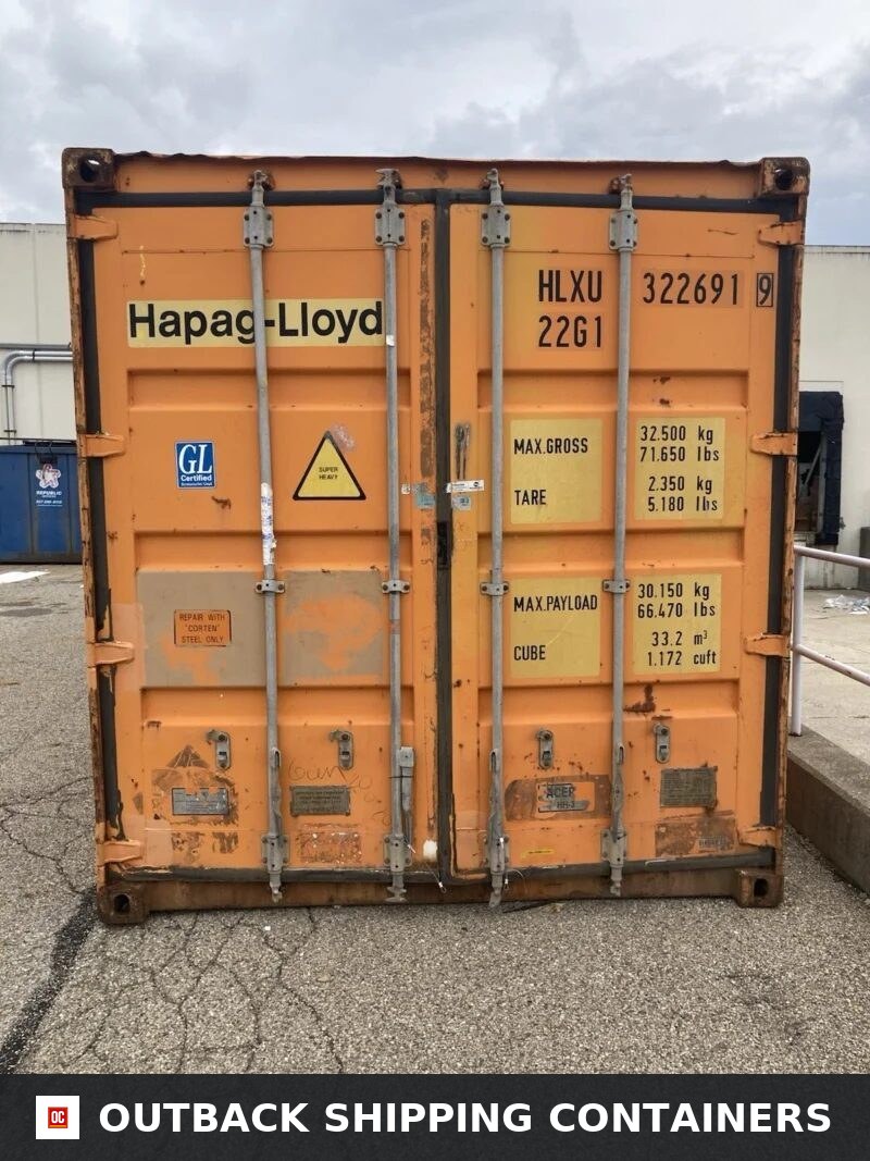 Orange 20ft Hapag-Lloyd shipping container cargo doors with HLXU 322691 labeling and locking bars