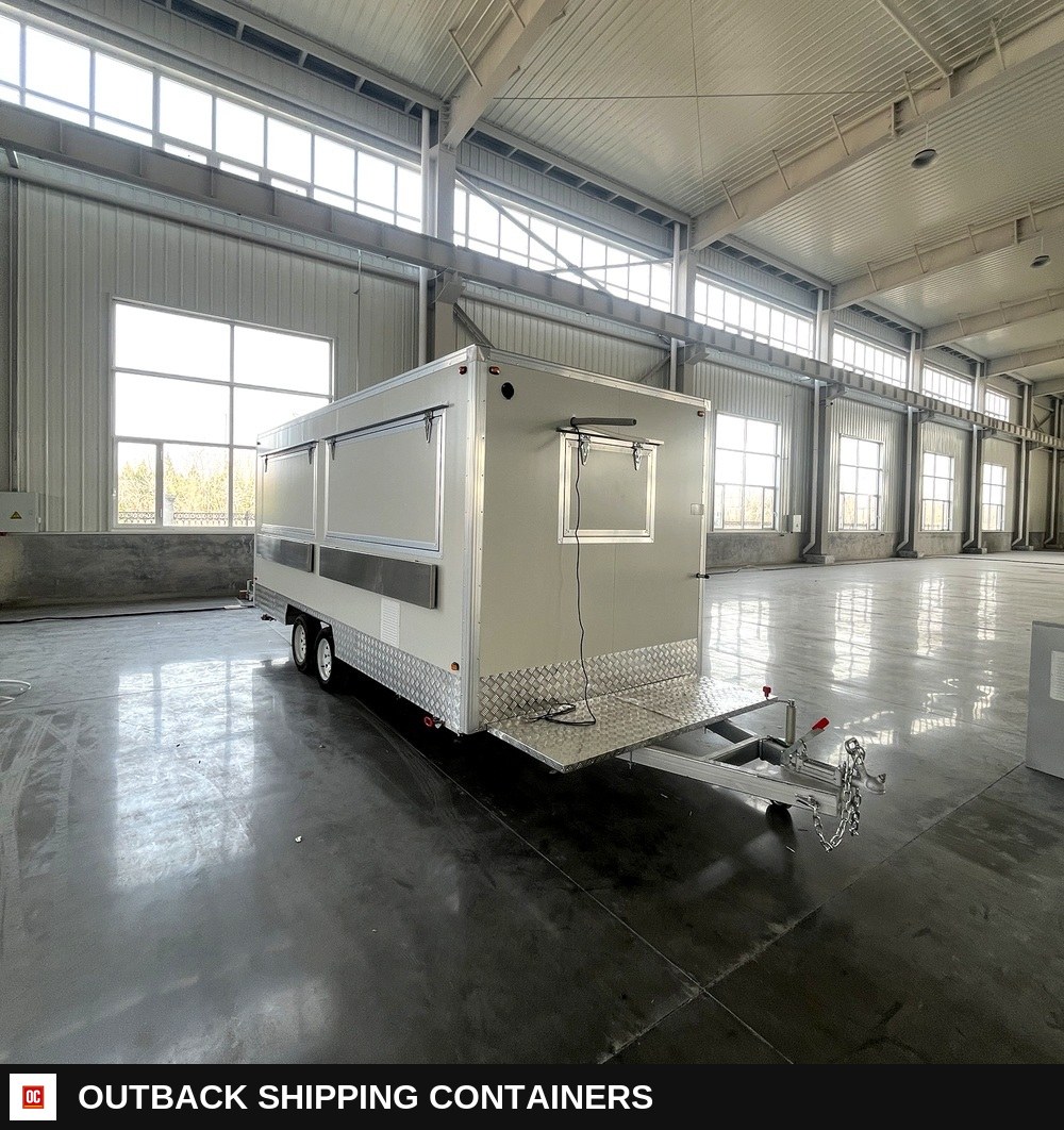 US Standard Drink Food Trailer Mobile square Food Truck Trailer Food Cart — Three-Quarter Front Angle | Outback Shipping Containers US Standard Drink Food Trailer Mobile square Food Truck Trailer Food Cart for sale — three-quarter front angle