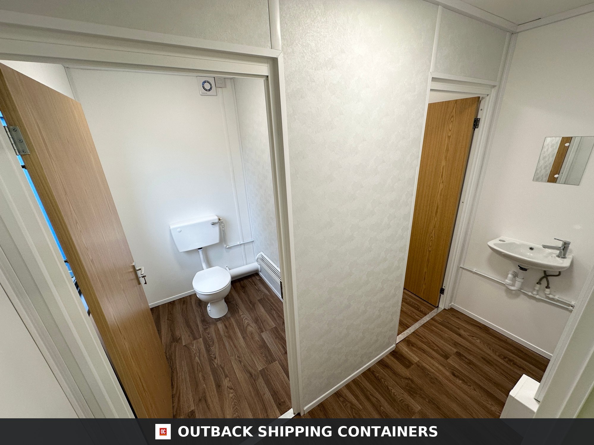 CUSTOM for Sale — Rear Exterior View | Outback Shipping Containers CUSTOM — 32 x 10 ft Cabin — Office/Canteen — Kitchenette — 1+1 WC/Wash Room — No 718 — product gallery image 3 of 25
