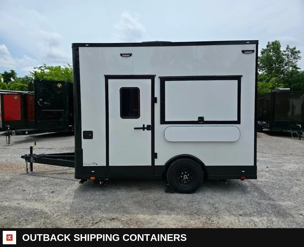 8.5 x 12 White Flat Front Concession Trailer — Blackout Trim, 8-Foot Interior — Serving Window And Hatch | Outback Shipping Containers 8.5 x 12 White Flat Front Concession Trailer — Blackout Trim, 8-Foot Interior for sale — serving window and hatch