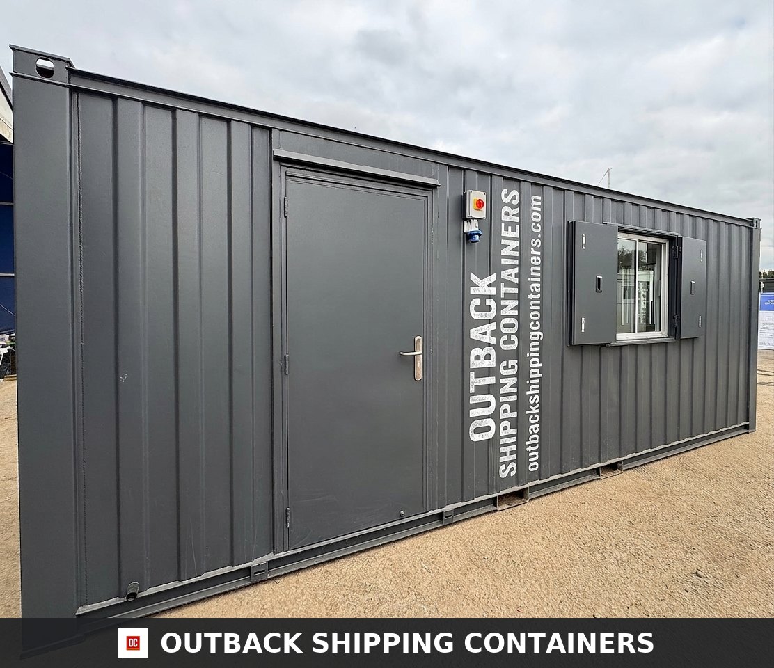 Refurbished 21x8 anti vandal office cabin with steel shutters and charcoal grey corrugated finish