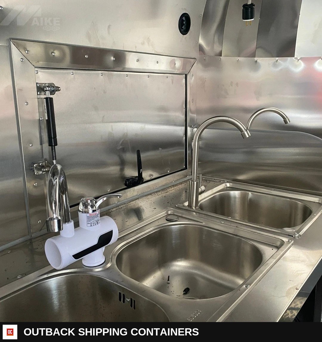 Yellow Mobile Catering Food Trailer Twin Axle Dual Serving Hatch — Rear Entry Door | Outback Shipping Containers Yellow Mobile Catering Food Trailer Twin Axle Dual Serving Hatch for sale — rear entry door