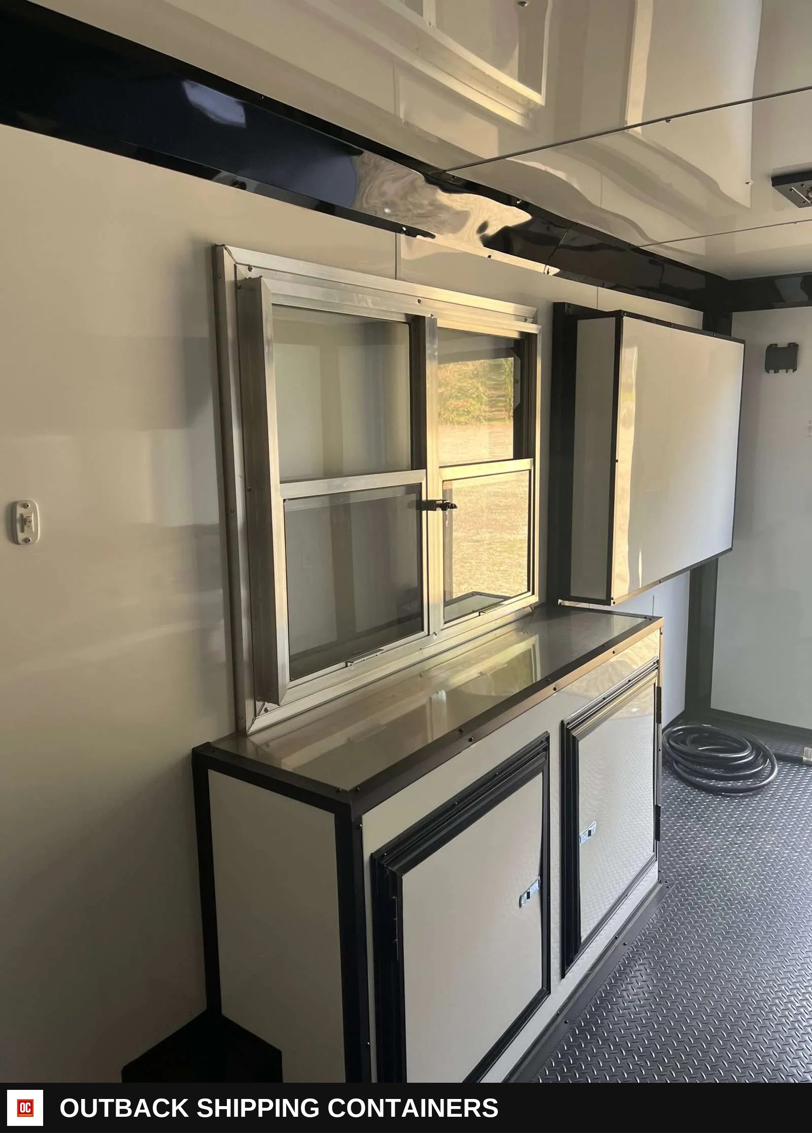 8.5x20 Hook and Line Cargo Fully Equipped Enclosed Concession Trailer — Rear Entry Door | Outback Shipping Containers 8.5x20 Hook and Line Cargo Fully Equipped Enclosed Concession Trailer for sale — rear entry door