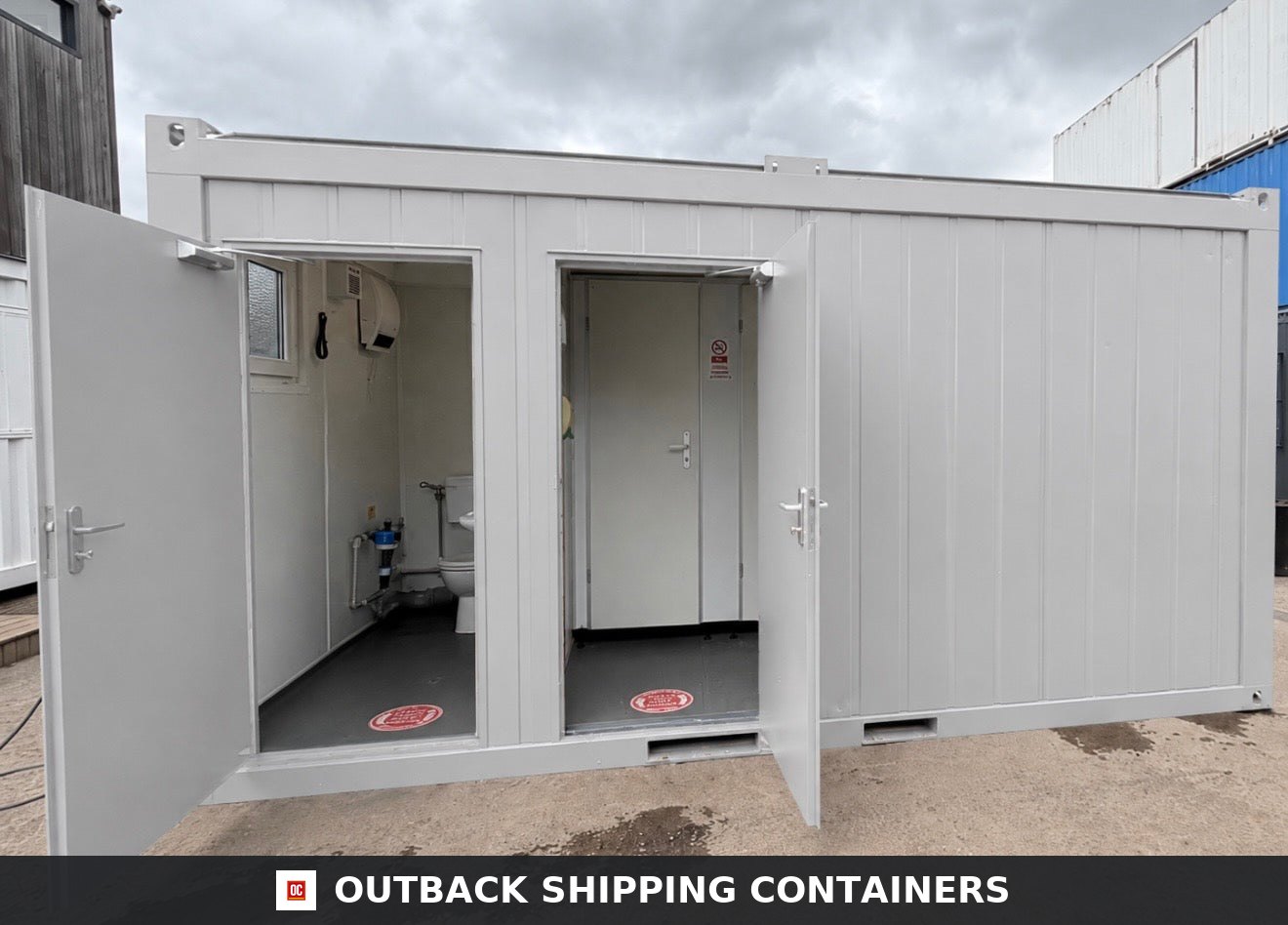 16 x 8 ft for Sale — Interior Detail | Outback Shipping Containers 16 x 8 ft — 3 + 1 Toilet Block — Portable Building — Site Accommodation — No 1796 — product gallery image 5 of 8
