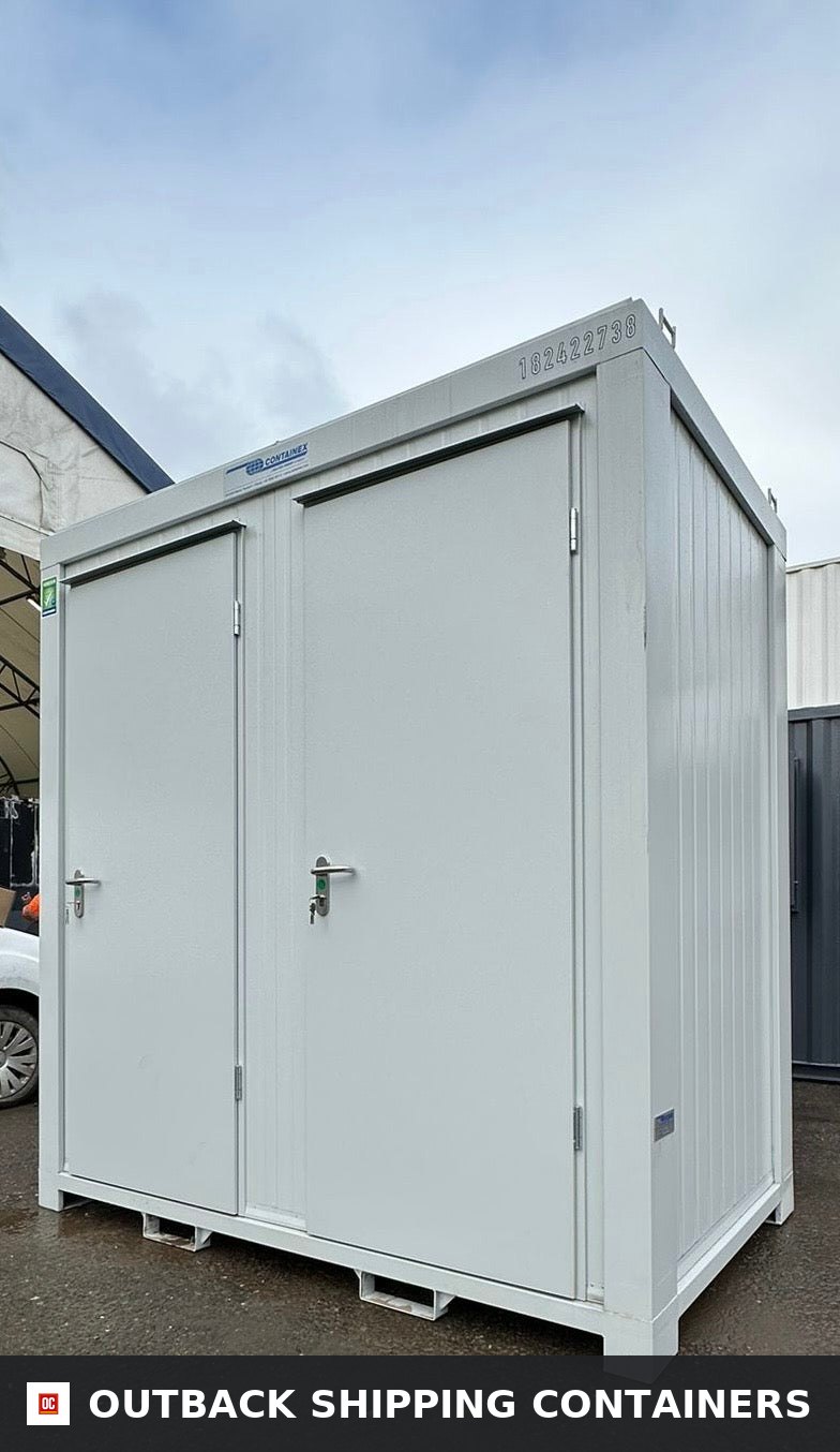 NEW Portable Toilet + Urinal for Sale — Three-Quarter Angle View | Outback Shipping Containers NEW Portable Toilet + Urinal — Male/Female WC + Urinal — 8 x 5 ft — Light Grey — No 792 — product gallery image 2 of 13