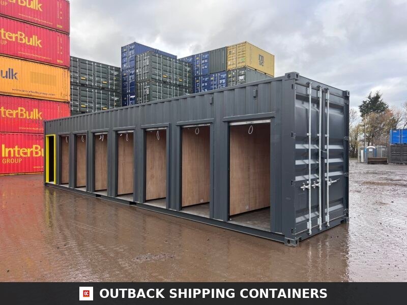 40ft high cube multi-store shipping container with seven open roll-up bays showing wooden interior partitions