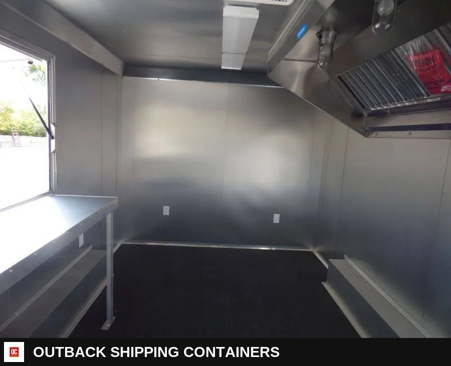 8.5 x 14 Yellow Food Vending Event Catering Trailer — Rear Entry Door | Outback Shipping Containers 8.5 x 14 Yellow Food Vending Event Catering Trailer for sale — rear entry door