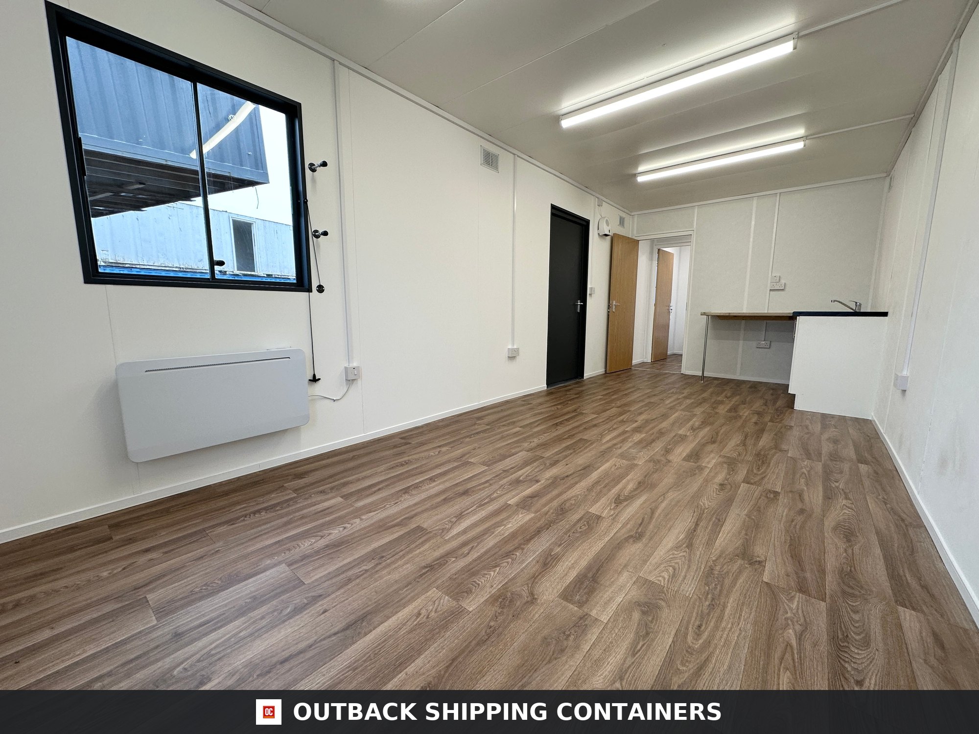 CUSTOM for Sale — Three-Quarter Angle View | Outback Shipping Containers CUSTOM — 32 x 10 ft Cabin — Office/Canteen — Kitchenette — 1+1 WC/Wash Room — No 718 — product gallery image 2 of 25