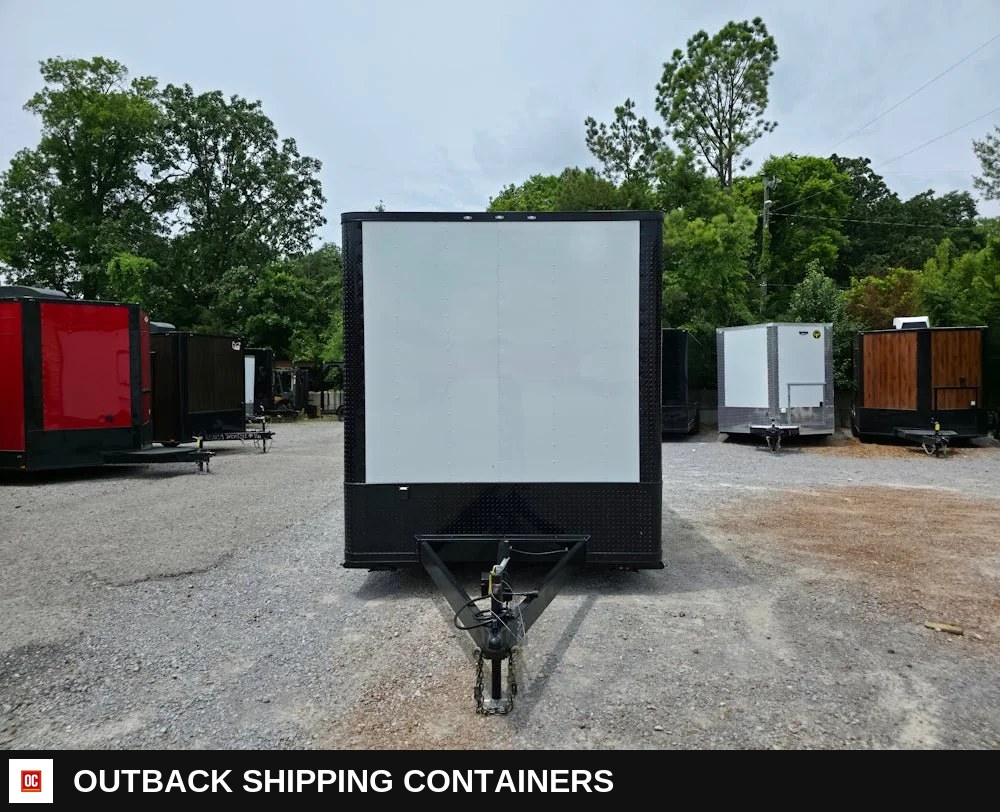 8.5 x 12 White Flat Front Concession Trailer — Blackout Trim, 8-Foot Interior — Three-Quarter Front Angle | Outback Shipping Containers 8.5 x 12 White Flat Front Concession Trailer — Blackout Trim, 8-Foot Interior for sale — three-quarter front angle