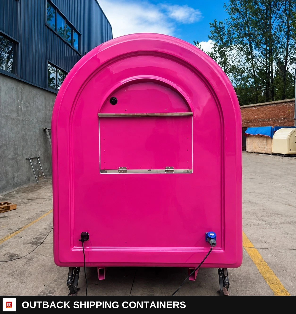 Pink Mobile Catering Food Trailer Single Axle Dual Serving Hatch Coffee — Rear Entry Door | Outback Shipping Containers Pink Mobile Catering Food Trailer Single Axle Dual Serving Hatch Coffee for sale — rear entry door