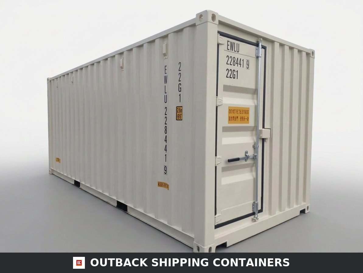 20ft One-Trip Shipping Container — Three-Quarter Angle View | Outback Shipping Containers Side profile of a tan 20ft one-trip shipping container showing a single side access door and vertical corrugation