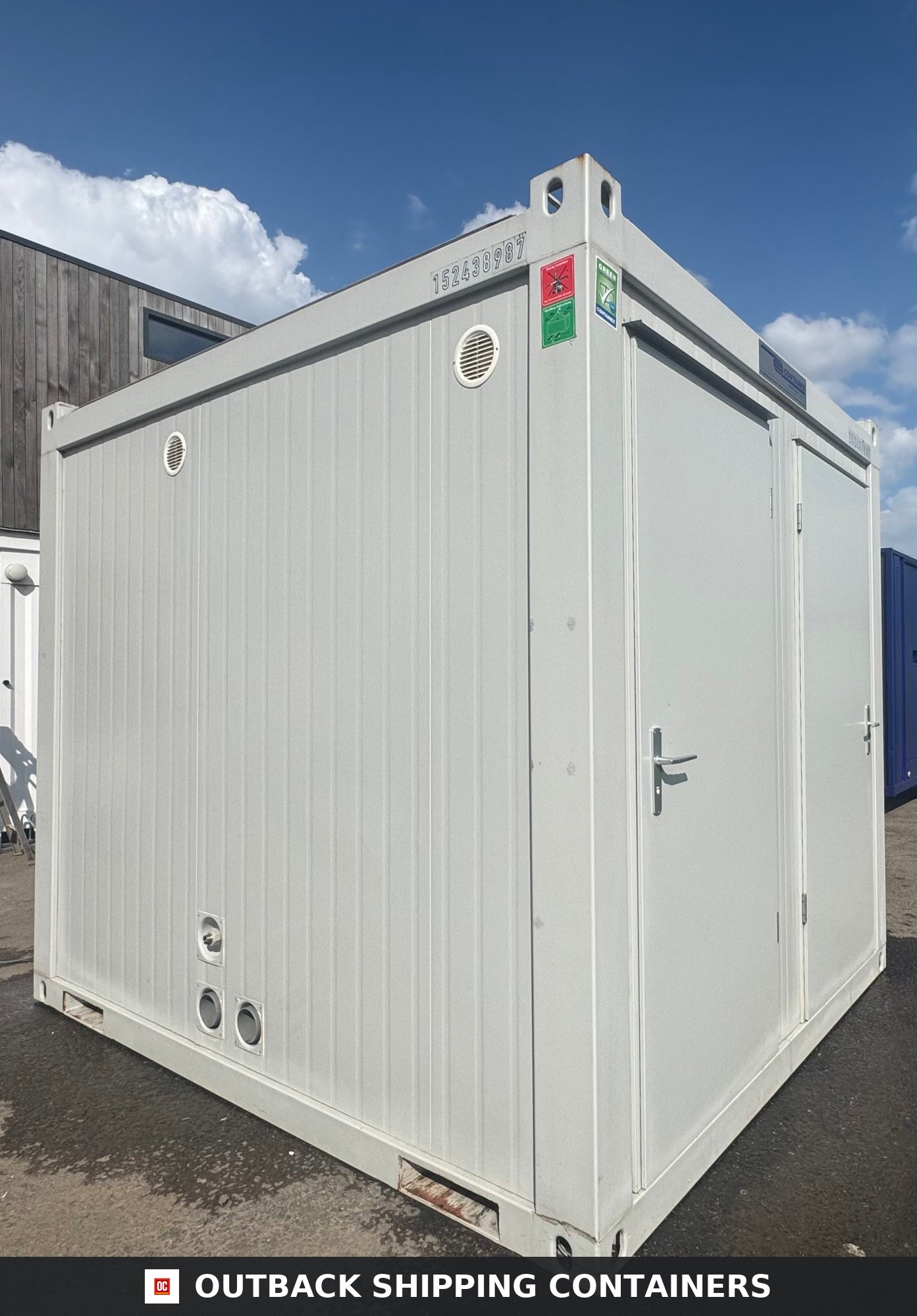 4 Bay Toilet Block for Sale — Rear Exterior View | Outback Shipping Containers 4 Bay Toilet Block — 4 WCs — 10 x 8 ft NEW Portable — 4 Toilets, 4 Basins — Grey — No 795 — product gallery image 3 of 14