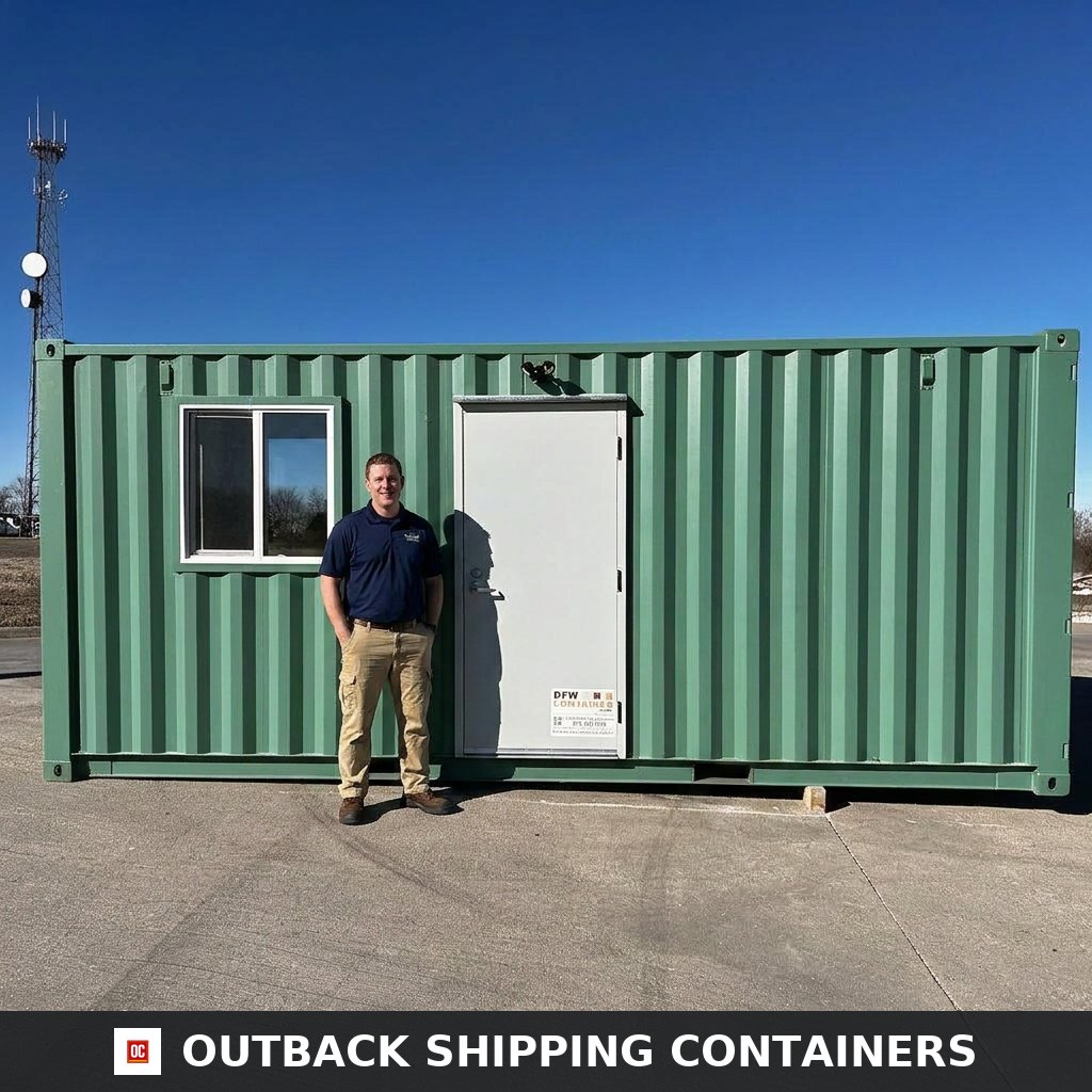 20FT Mobile Office green shipping container cabin with personnel door and window shown with a person for scale
