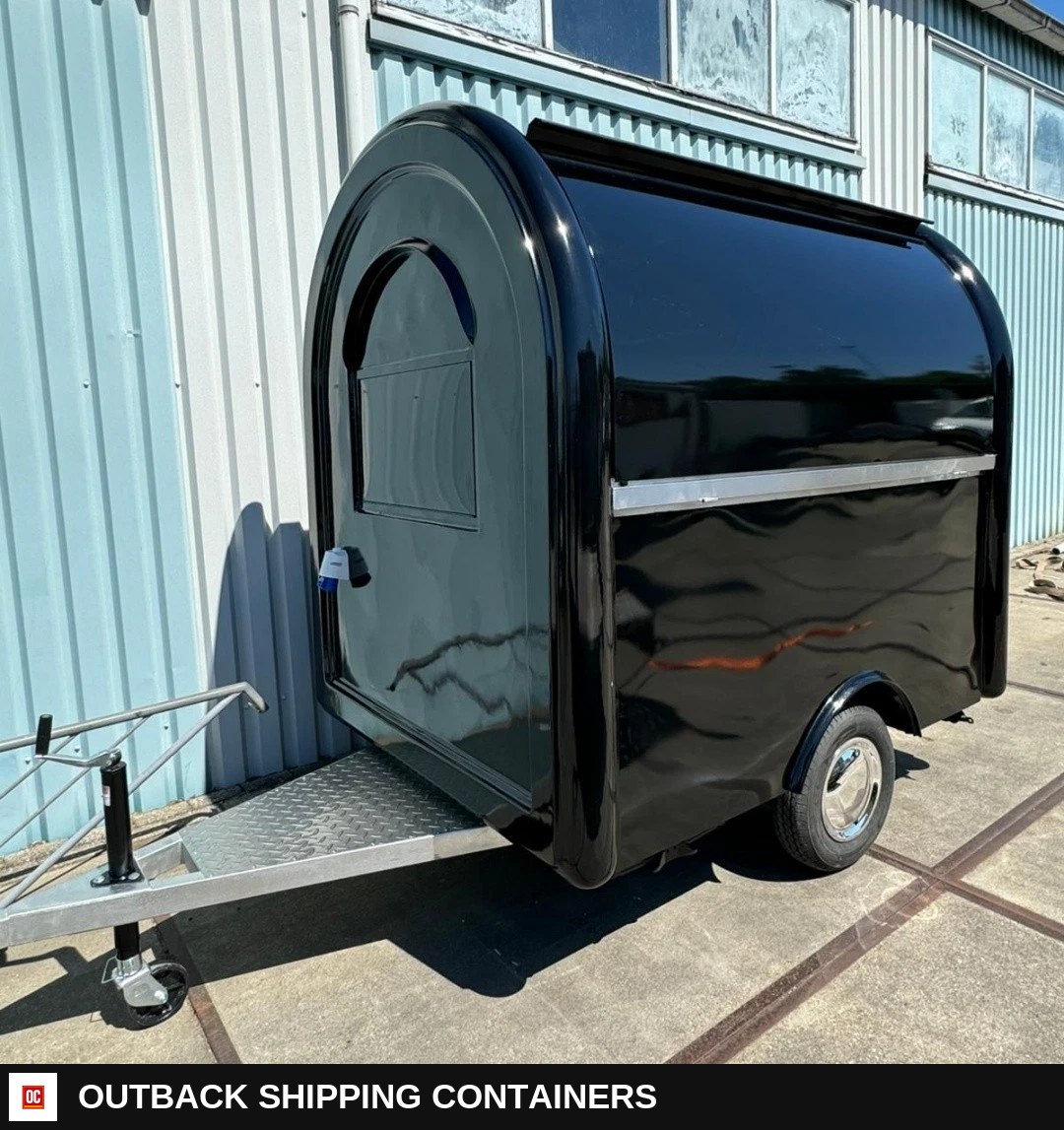Black Mobile Catering Food Trailer Single Axle Serving Hatch Stainless Interior — Driver-Side Profile | Outback Shipping Containers Black Mobile Catering Food Trailer Single Axle Serving Hatch Stainless Interior for sale — driver-side profile