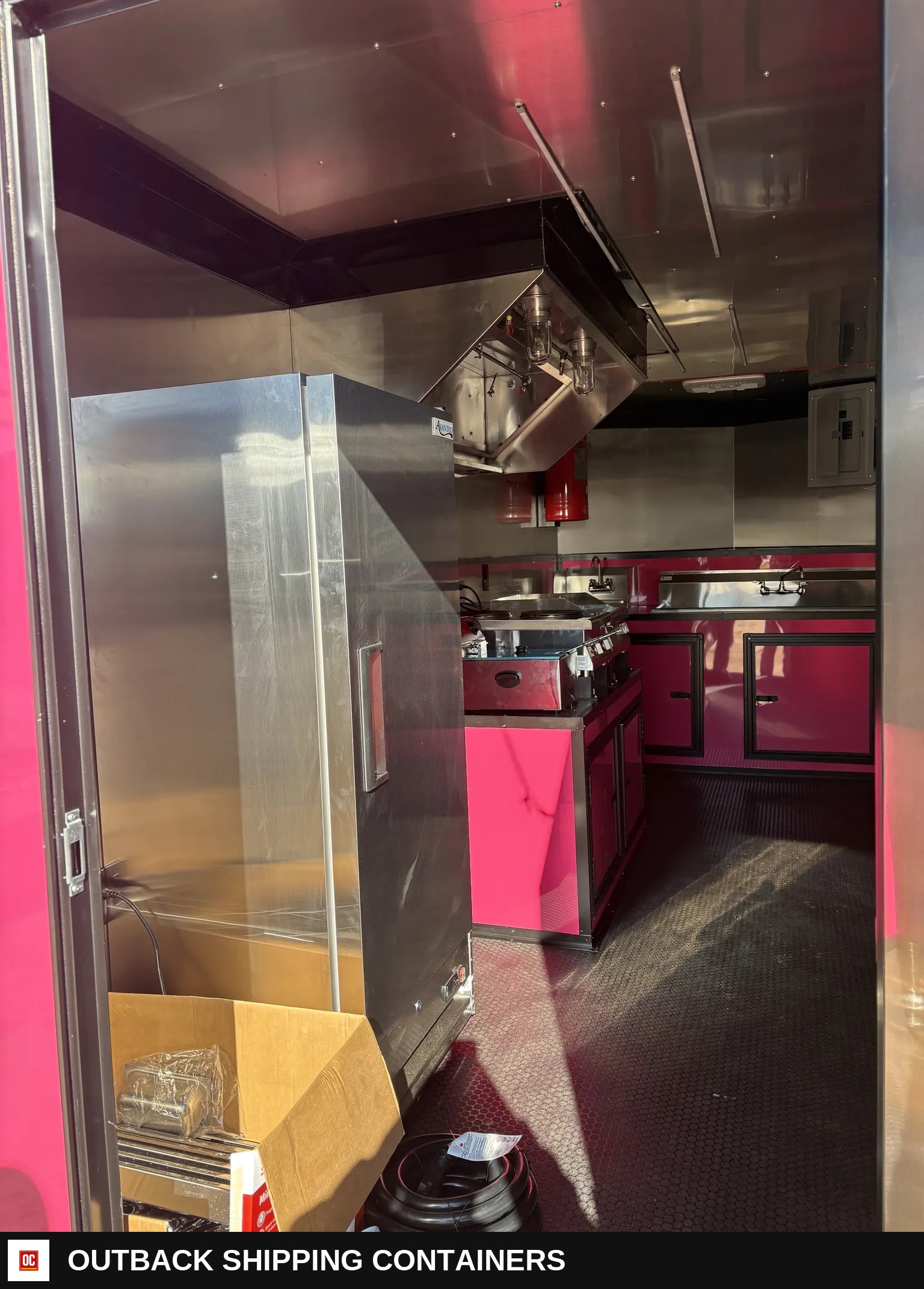 7x16TA Coast to Coast Concession Trailer Pink Blackout Package — Driver-Side Profile | Outback Shipping Containers 7x16TA Coast to Coast Concession Trailer Pink Blackout Package for sale — driver-side profile