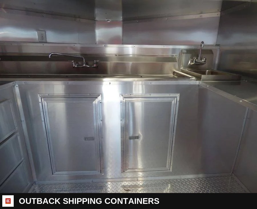 8.5 x 20 White BBQ Smoker Porch Catering Trailer — Stainless Prep And Counter Area | Outback Shipping Containers 8.5 x 20 White BBQ Smoker Porch Catering Trailer for sale — stainless prep and counter area
