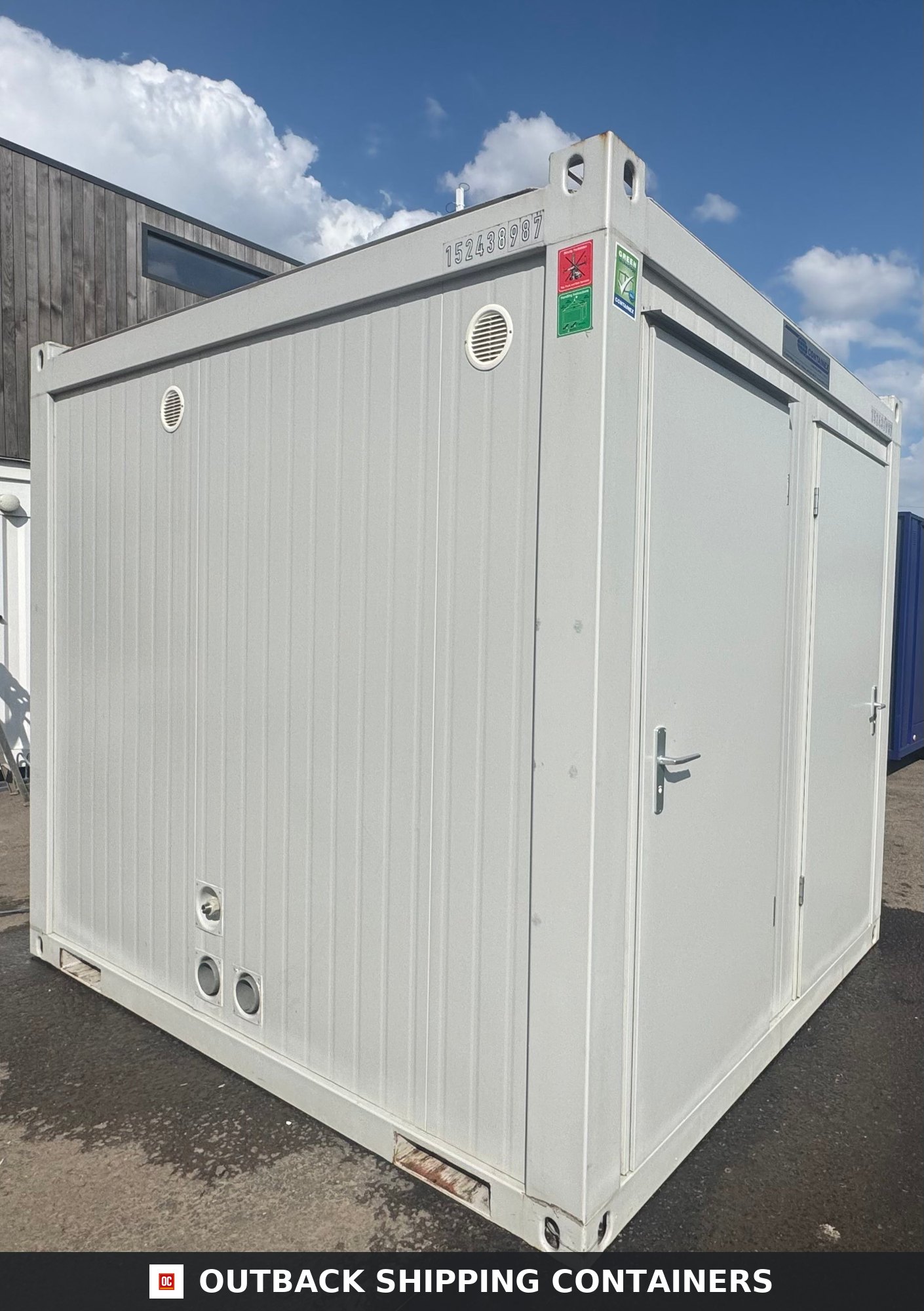 4 Bay Toilet Block for Sale — Corner Casting and Frame Detail | Outback Shipping Containers 4 Bay Toilet Block — 4 WCs — 10 x 8 ft NEW Portable — 4 Toilets, 4 Basins — Grey — No 795 — product gallery image 10 of 14
