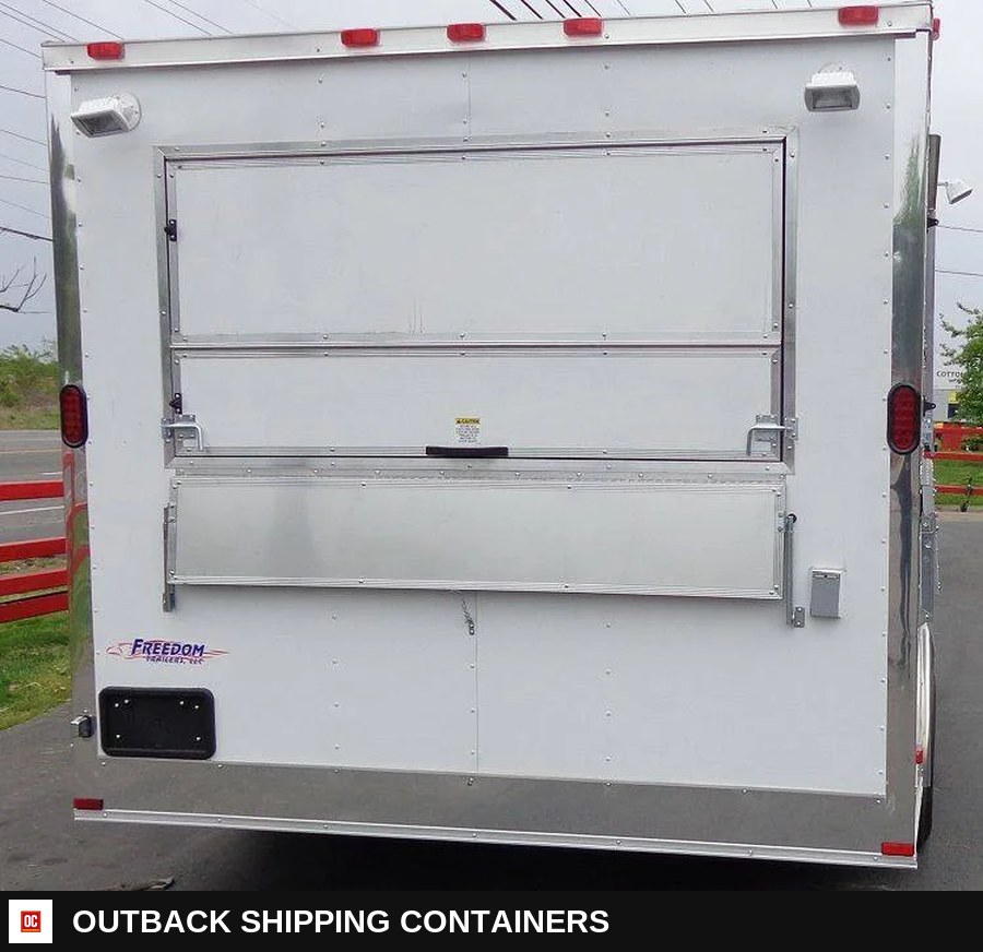 8.5 x 14 White Custom Enclosed Kitchen Concession Trailer — Stainless Prep And Counter Area | Outback Shipping Containers 8.5 x 14 White Custom Enclosed Kitchen Concession Trailer for sale — stainless prep and counter area