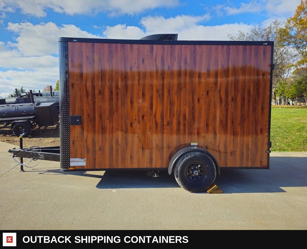 7 x 12 Wood Grain Concession Food Catering Vending Trailer — Serving Window And Hatch | Outback Shipping Containers 7 x 12 Wood Grain Concession Food Catering Vending Trailer for sale — serving window and hatch