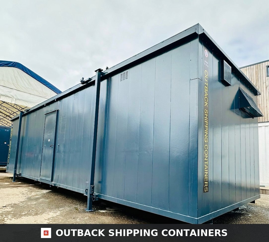 32 x 10 ft Anti-Vandal Cabin for Sale — Three-Quarter Angle View | Outback Shipping Containers 32 x 10 ft Anti-Vandal Cabin — 2+1 Toilet + Twin Shower Room — Changing Room — 50/50 Split — No 1077 — product gallery image 2 of 18